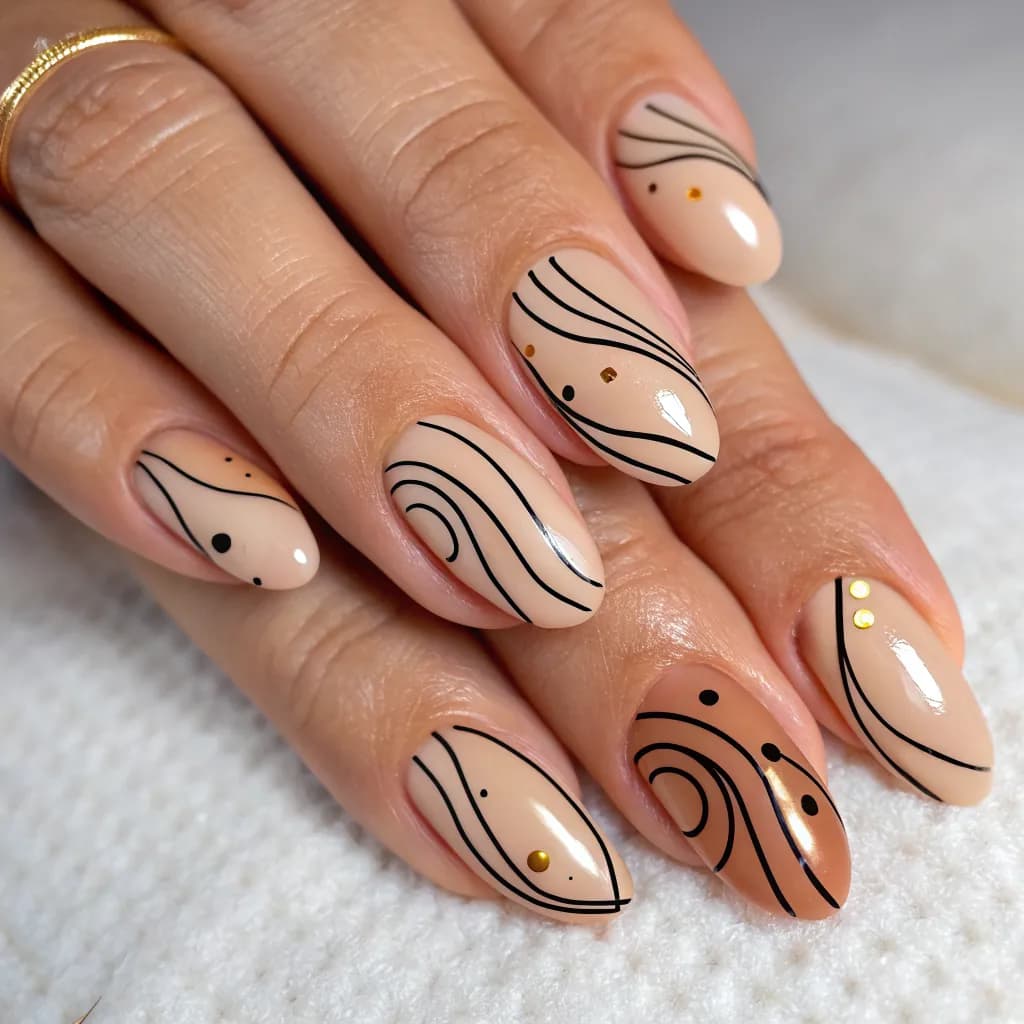 Nail Art mit feinen abstrakten Linien und kleinen Goldpunkten