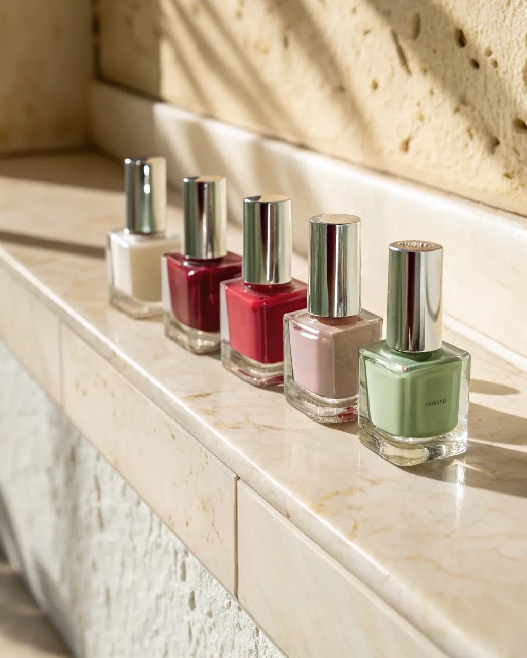 Reihe von Nagellackflaschen in Nude-, Rot- und Pastelltönen