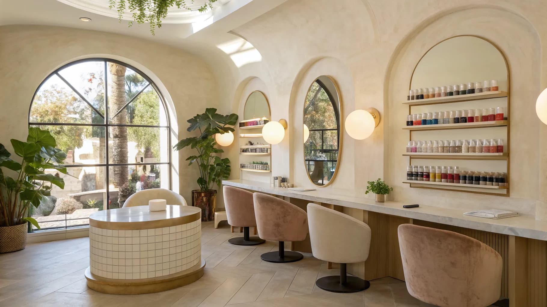 Heller Nagelstudio-Raum mit runden Tischen, Leuchten und Lackregal